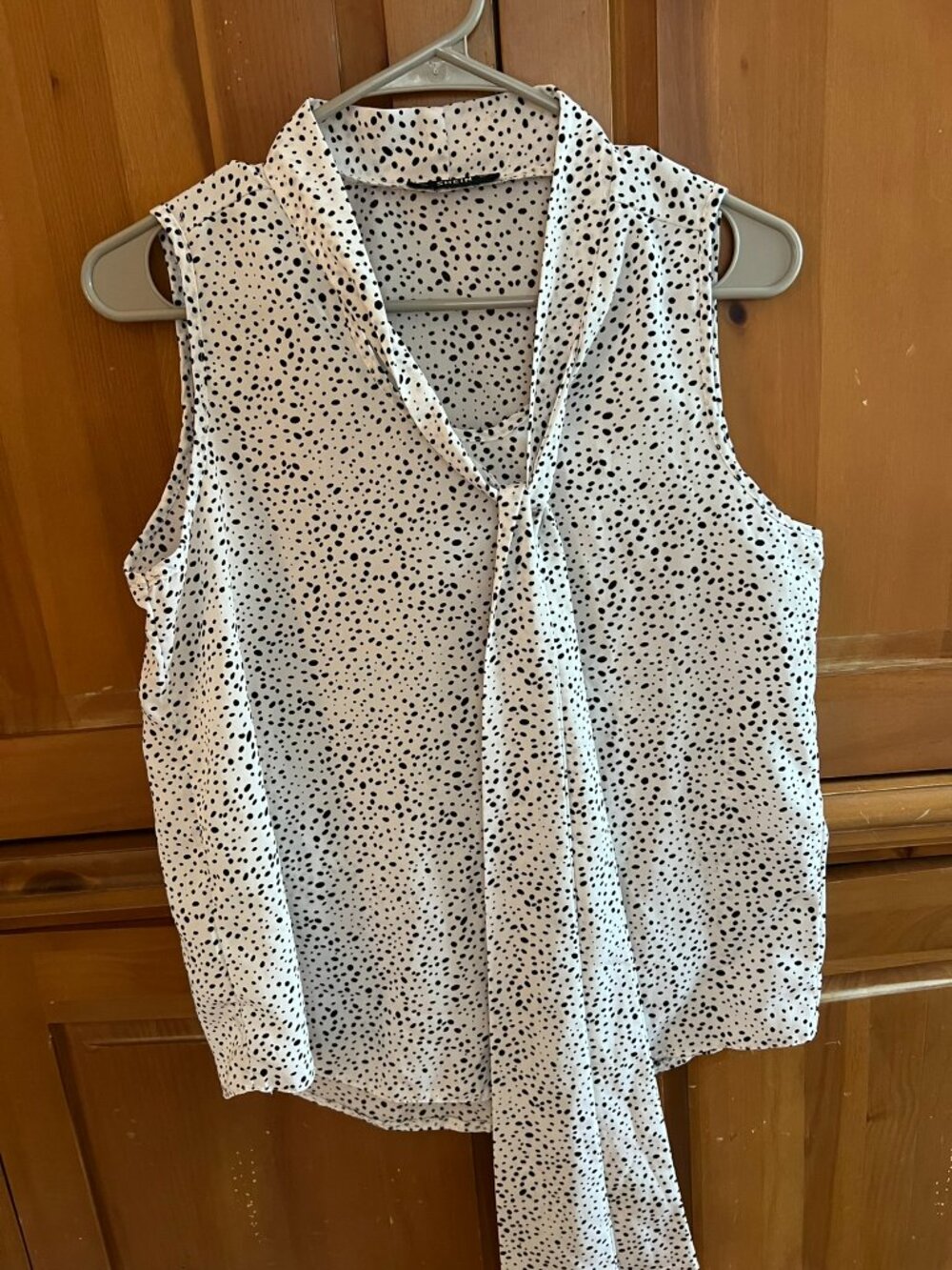 SHEIN White & Black Polka Dot Tie Neck Work Blouse